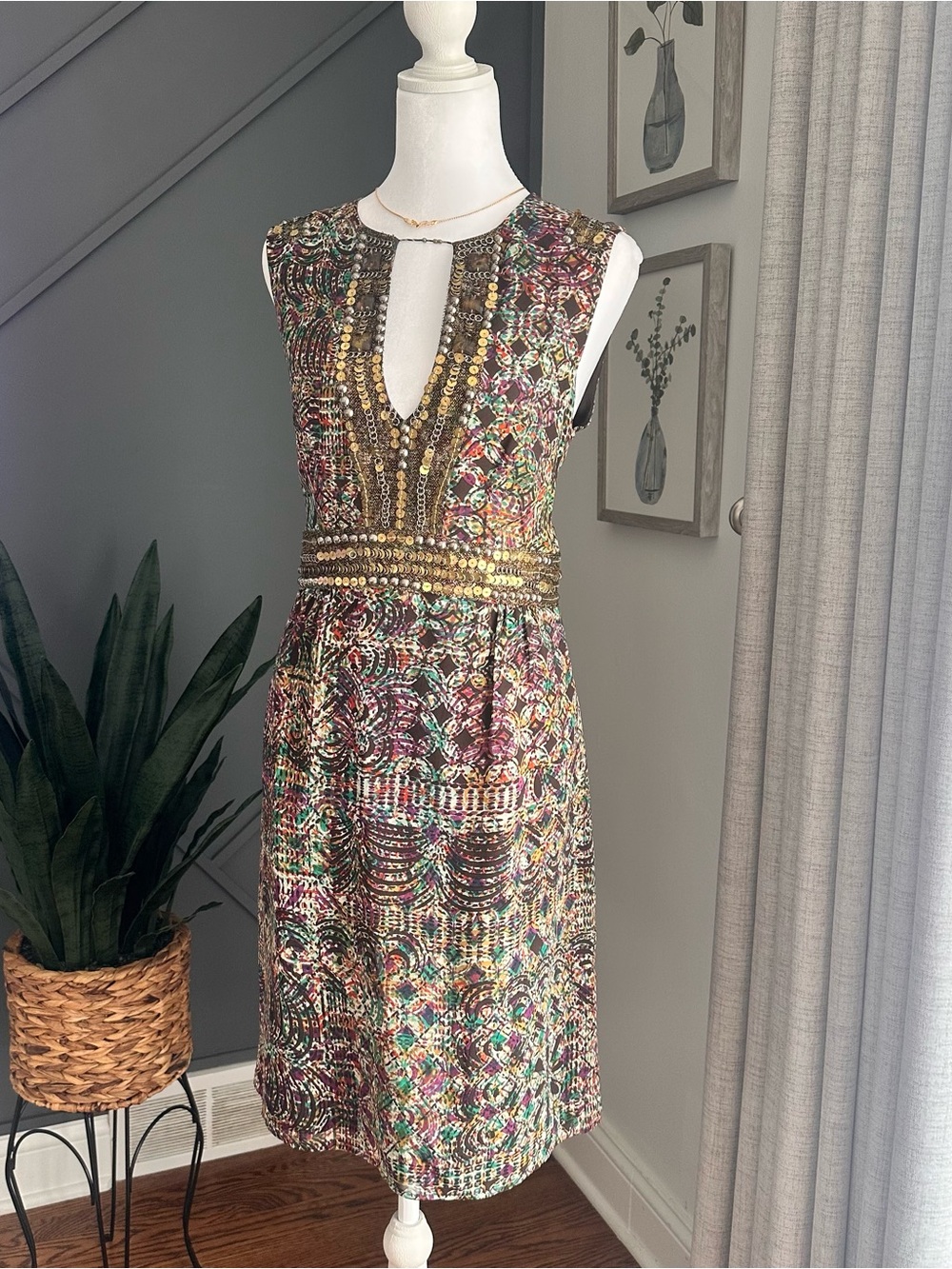 Nanette Lepore Vintage Embellished Multicolor Sleeveless Cocktail Dress - Picture 3 of 6
